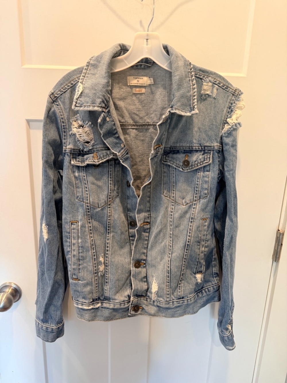 Topman Distressed Denim Jacket Light Wash Ripped Trucker Jean Jacket XS